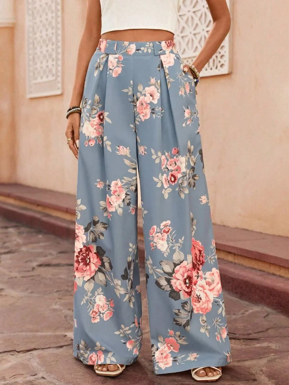 Blue Boho Women's Casual Bohemian Printed Wide Leg Pants - Picture 5 of 7